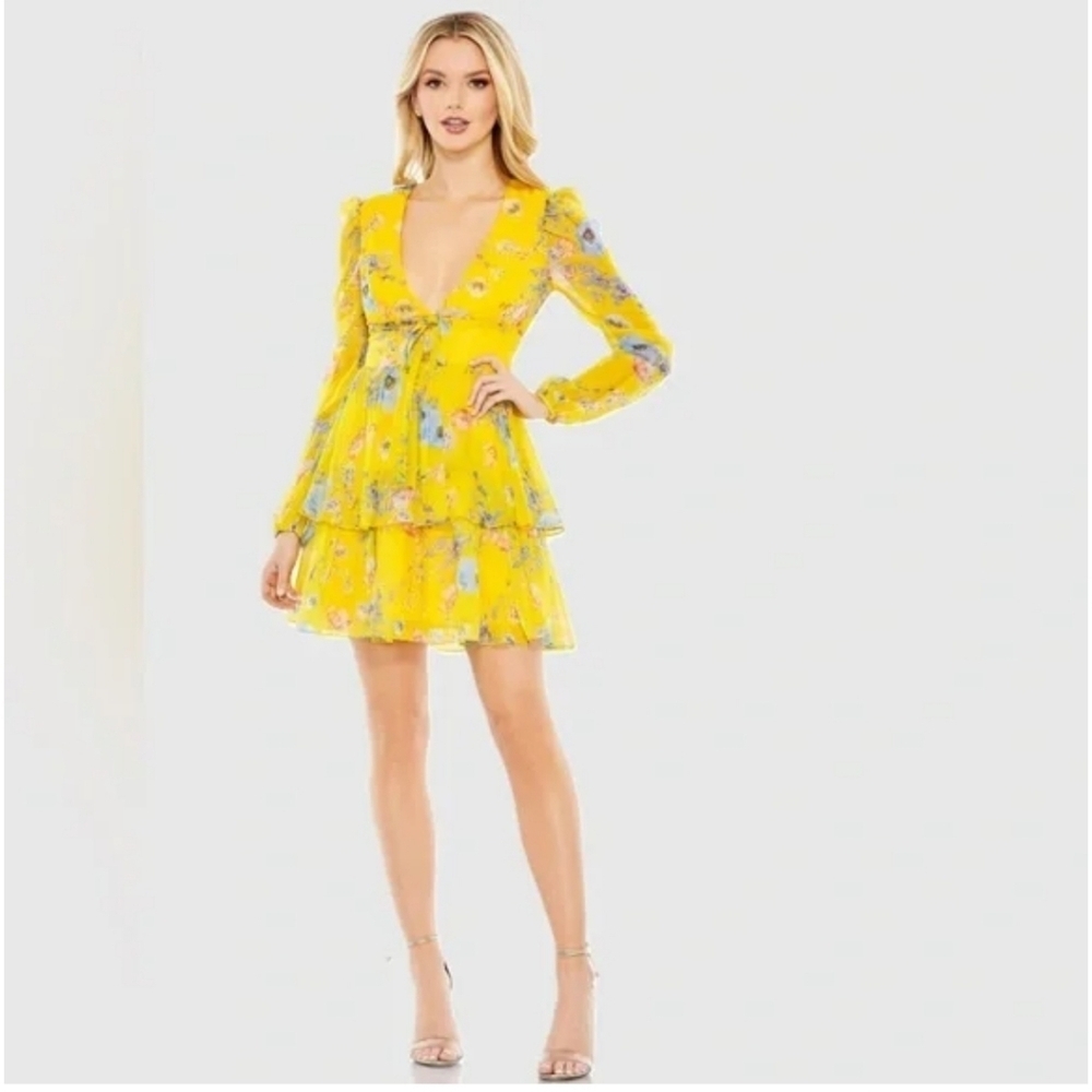 NWT Mac Duggal Yellow Chiffon Ruffled Tiered Long Sleeve Dress Sz 2 - Picture 3 of 15